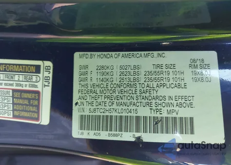 2019 Acura Rdx Technology Package z USA, uszkodzony, nr VIN 5J8TC2H57KL010415